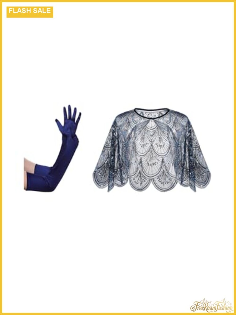 1920s Satin Elbow Gloves & Beaded Sequin Shawl Wrap Set Gatsby Party